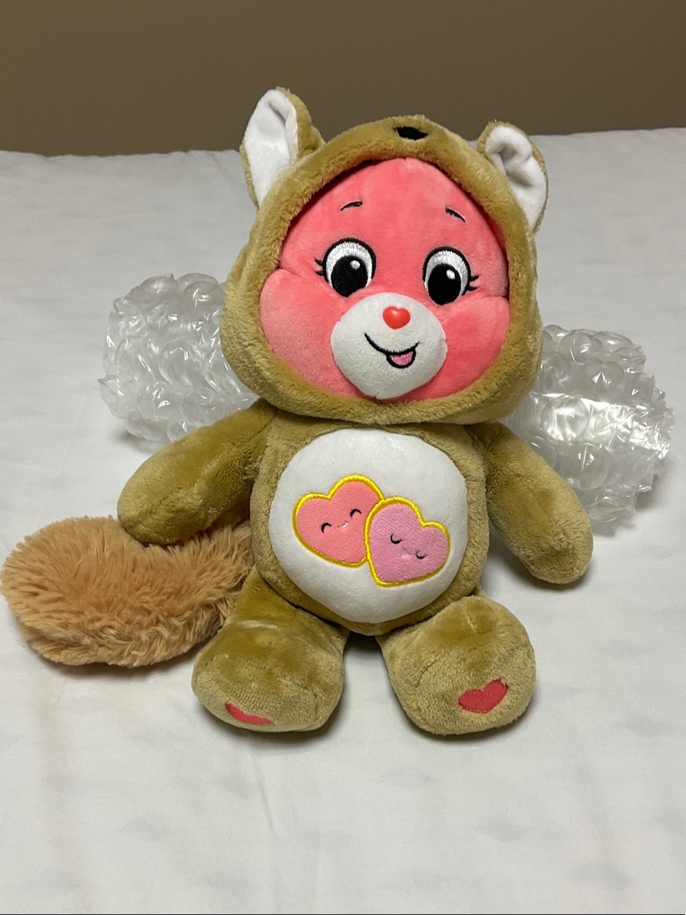Care Bear Hoodie Friends  Pink-Faced Love-A-Lot Plush in Tan Costume 13”